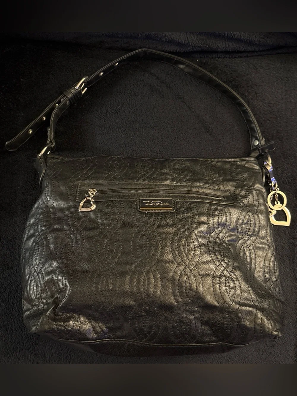 Black Quilted Tote with Heart Charm by B. Makowsky